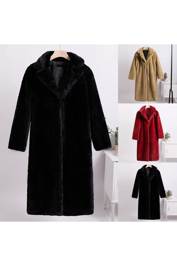 Holiday Sales Womens Faux Fur Coat Winter Warm Thickened Trench Coats Plush Open Front Fleece Cardigan Jackets Solid Color Long Overcoat Black XXL
