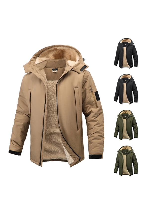 BiZtdJrK Hooded Cargo Jacket for Men Zip Up Thicken Warm Coats Winter Outdoor Thermal Hoodie Jackets with Multi Pockets, Khaki, XXL