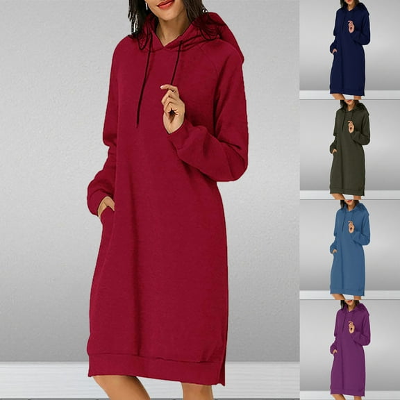 BiZtdJrK Hooded Midi Dress for Women Side Split Long Sleeve Casual Fall Hoodies Loose Fit Solid Sweatshirt Dresses with Pocket Army Green S