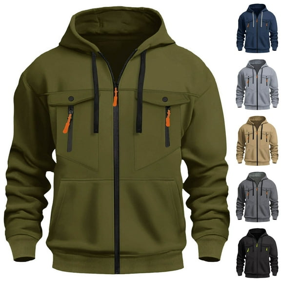 BiZtdJrK Hooded Tactical Jacket for Men Casual Zip Up Drawstring Sweatshirts Loose Fit Outdoor Workout Hoodies with Pockets, Black, XXL