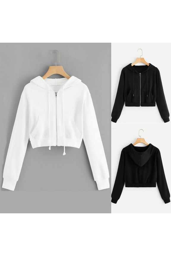 Crop Top Hoodies for Teen Girls Drawstring Long Sleeve Hooded Zipper Sweatshirt Fashion Y2k Coat with Pocket White M