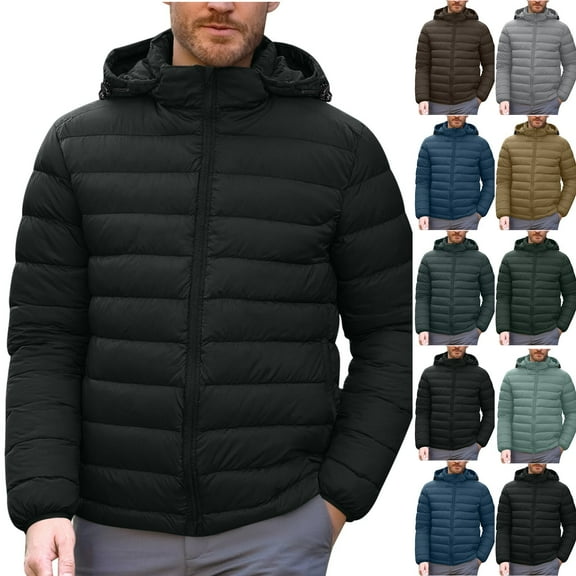 BiZtdJrK Hoodie Puffer Jacket for Men Cuff Long Sleeve Zipper Quilted Jackets Thicken Warm Winter Coats with Pockets Blue L