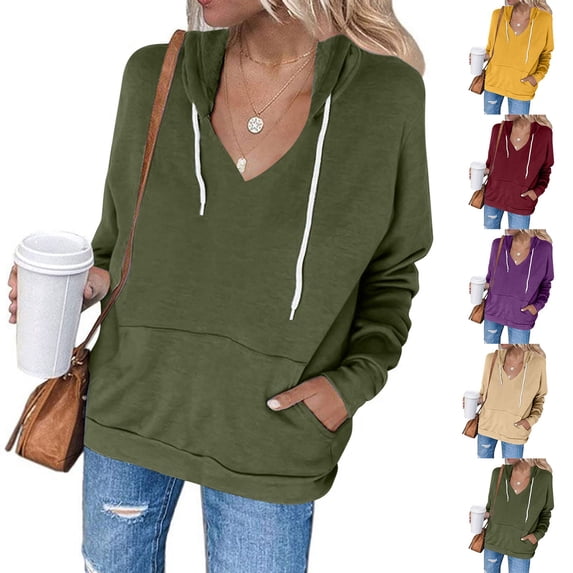 BiZtdJrK Hoodies for Women Casual Drawstring Hooded Sweatshirts Loose Fit Long Sleeve V Neck Pullover Tops Solid Color Sweat Shirts with Pockets Yellow S
