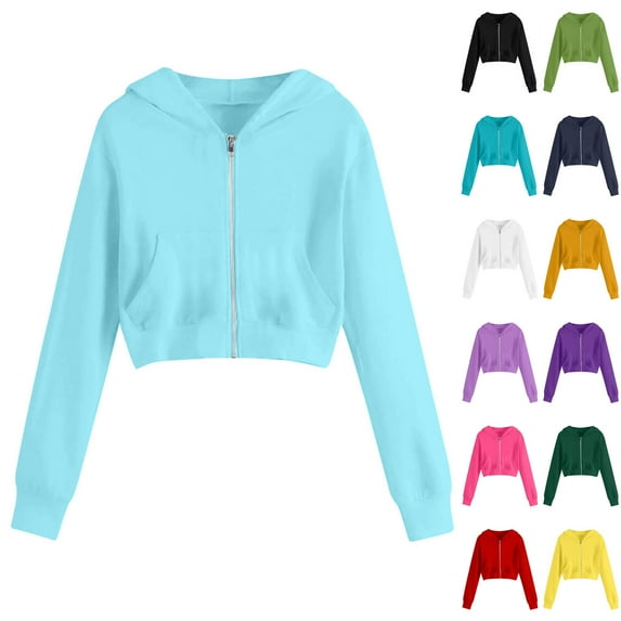 BiZtdJrK Hoodies for Women Zip Up Cropped Tops Casual Cute Hooded Jacket Solid Color Long Sleeve Sweatshirts with Pockets Y2K Streetwear Sales Today Army Green XXL