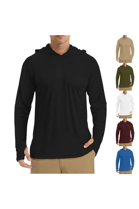 Hoodies for Men Long Sleeve Lightweight Hooded T Shirt Athletic Fishing Outdoor T Shirts with Thumb Hole Black M