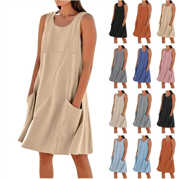 BiZtdJrK Hoy Oferta Flash! Summer Dresses for Women 2025 Loose Beach Vacation Clothes Casual Sleeveless Linen Sundresses with Pockets Solid Color Tank Dress Orange M