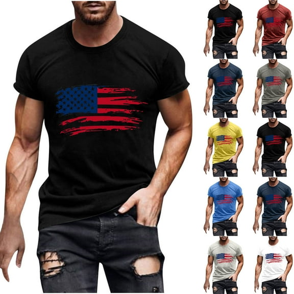 BiZtdJrK Independence Day Tshirts for Men Short Sleeve American Flag Graphic Tees Cotton Slim Fit Tee Shirts Black M
