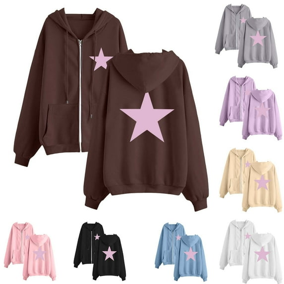 BiZtdJrK Jackets for Women 2024 Fall Fashion Stars Printed Zip Up Hoodies Casual Drawstring Hooded Sweatshirts Jackets Long Sleeve Tops with Pockets Fall Savings Gray S