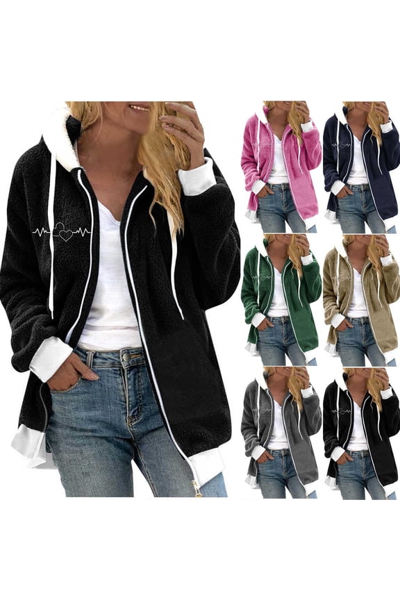 Jackets for Women Fluffy Fleece Zip Up Sweatshirts Jacket with Hood Fashion Heartbeat Printed Sherpa Hoodies Long Sleeve Warm Plush Outwear Lighten Sales of the Day Khaki XL