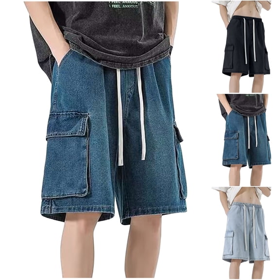 BiZtdJrK Jean Shorts Men Drawstring Elastic Waist Baggy Cargo Shorts Fashion Street Denim Shorts with Multi Pockets Dark Blue S