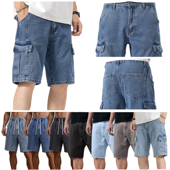 BiZtdJrK Jeans Shorts for Men Baggy Vintage Wide Leg Jorts Y2K Streetwear Hippie Clothes Drawstring Elastic Waistband Denim Shorts Blue L