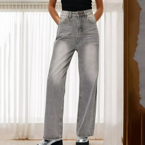 BiZtdJrK Jeans for Women Casual Button Straight Leg Pants High Waisted Stretchy Denim Pants 2025 Fall Jean Pants with Pockets Sale of The Day Clearance Gray M