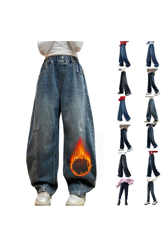 BiZtdJrK Jeans for Girls High Waisted Straight Leg Denim Trousers Fleece Lined Warm Jean Pants with Pockets Going Out Outfits Dark Blue