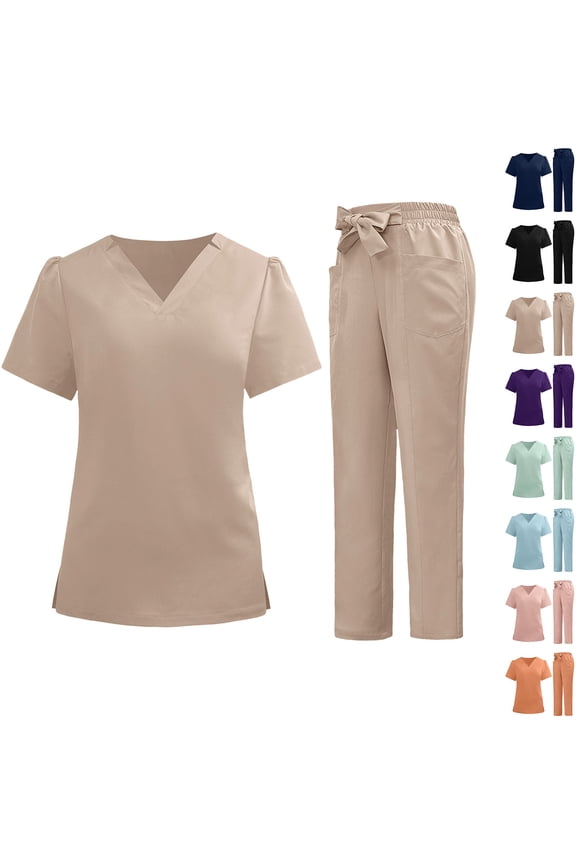 Jogger Scrub Sets for Woman Quick Dry Athletic Nursing Uniform V Neck Short Sleeve Tops and Drawstring Pants 2 Piece Outfits with Pockets Birthday Gift Yellow L