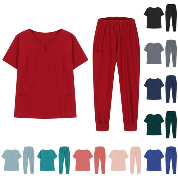 BiZtdJrK Jogger Scrubs for Women V Neck Short Sleeve Scrubs Tops and Cargo Pants 2 Piece Sets Medical Nursing Workwear with Pockets Gray XL