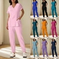 thumbnail image 1 of BiZtdJrK Jogger Scrubs for Woman Button V Neck Short Sleeve Tops and Pants Sets Nursing Uniform Scrubs 2 Piece Set with Pockets Birthday Gift Blue S, 1 of 7