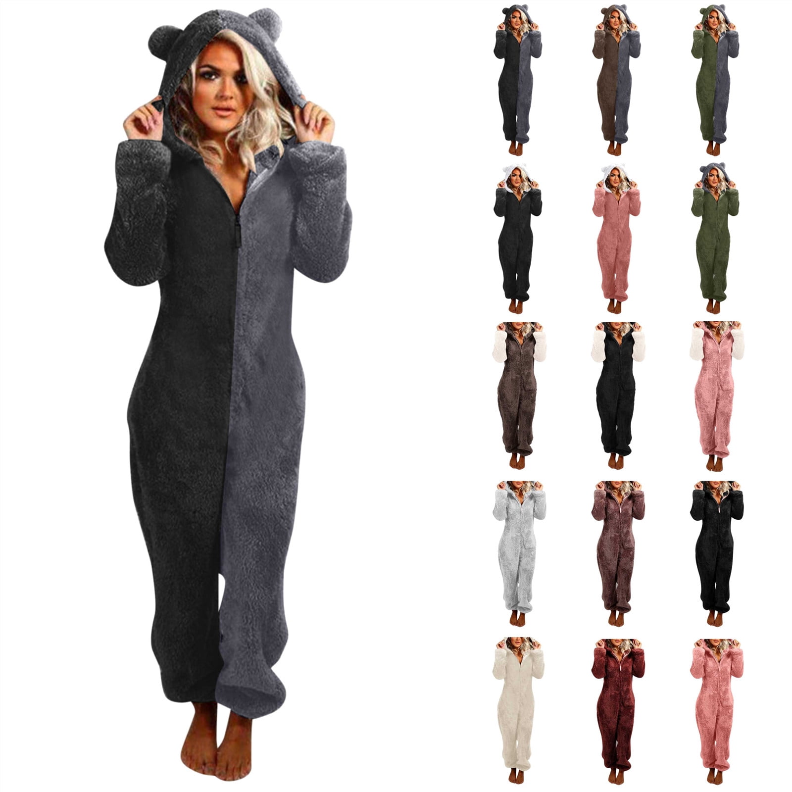 BiZtdJrK Jumpsuits for Women Dressy Casual Hooded Pajamas Trendy Color Block One Piece Sleepwear Winter Comfy Warm Jumpsuit Loungewear, Army Green, XXXXL