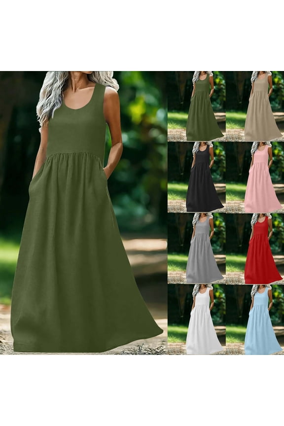 BiZtdJrK Khaki Linen Maxi Dresses for Women Summer Sleeveless Empire Waist Long Dress Loose Flowy Sundresses with Pockets Vacation Beach Outfits XL