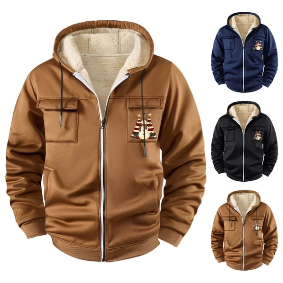BiZtdJrK Khaki Mens Cargo Coats with Pockets Sherpa Fleece Lined Hoodie Christmas Graphic Print Winter Warm Zip Up Hooded Sweatshirt Jacket L
