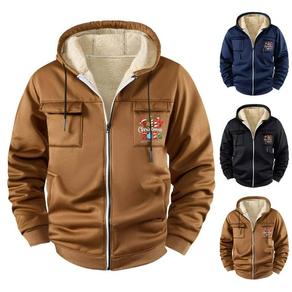 BiZtdJrK Khaki Mens Sherpa Fleece Lined Hoodie Winter Warm Zip Up Hooded Sweatshirt Jacket Christmas Graphic Print Cargo Coats with Pockets L