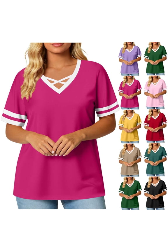 Khaki Women's Loose Casual T-Shirts Plus Size Crossover V Neck Short Sleeve Tee Tops Color Block Lightweight Summer Tees XXXXXL