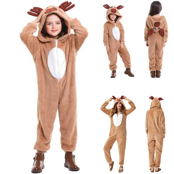 BiZtdJrK Kids Christmas Family Matching Pajamas Zip Up Cute Hooded One Piece Jumpsuit Fleece Warm Lounge Sleepwear Teen Girls Clothes, Khaki, L