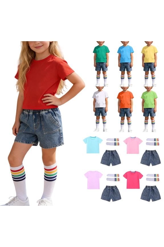 Kids Clothes 3 Piece Denim Sets Solid Color Short Sleeve Shirts Jean Shorts Matching Knee High Socks Outfits White 3 Years