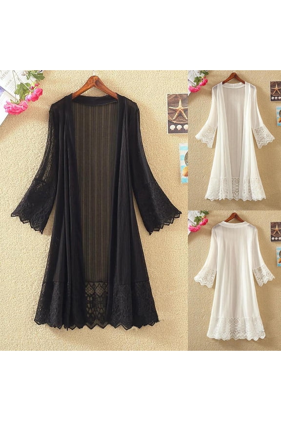 Lace Cardigan for Women Plus Size Lightweight Dusters Ruffle Long Sleeve Open Front Kimono Summer Beach Sheer Cover Up Black XL