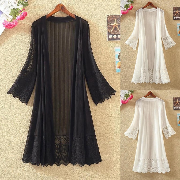 BiZtdJrK Lace Cardigan for Women Plus Size Lightweight Dusters Ruffle Long  Sleeve Open Front Kimono Summer Beach Sheer Cover Up White L - Walmart.com