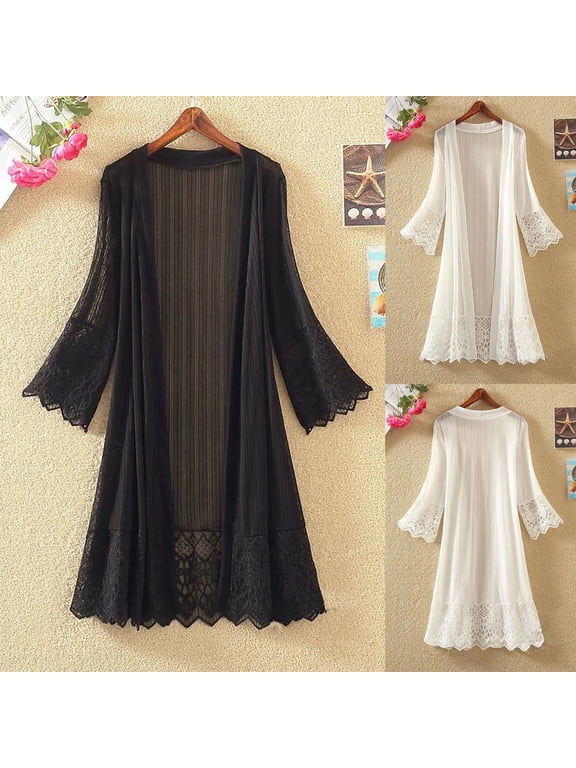 Lace Cardigan for Women Plus Size Lightweight Dusters Ruffle Long Sleeve Open Front Kimono Summer Beach Sheer Cover Up White XXXL