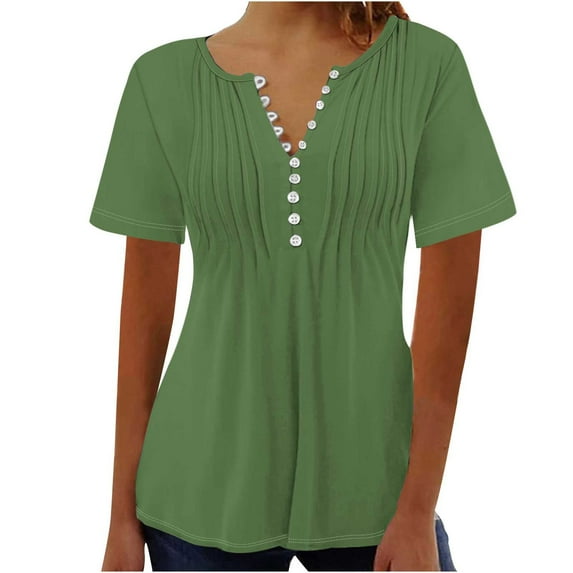 BiZtdJrK Ladies Tops and Blouses, Women Summer Button Henley Neck Shirts Casual Pleated Empire Waist Blouse Short Sleeve Solid Color T-Shirt Summer Savings Army Green S
