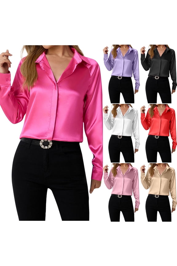 Lapel Collar Dress Shirts for Women Satin Silk Long Sleeve Button Down Blouse Lightweight Comfy Business Work Shirt Purple S