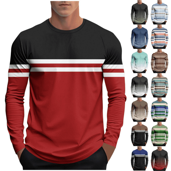 BiZtdJrK Light Blue Men's Long Sleeve Striped T-Shirt Casual Crewneck Blouse Fashion Color Block Muscle Shirt Big and Tall Tops L