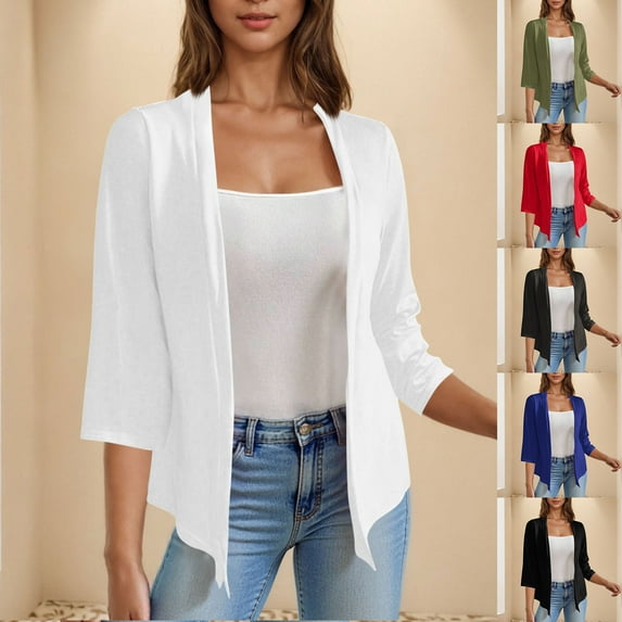 BiZtdJrK Light Weight Cardigan Women 3/4 Sleeve Open Front Cardigans Loose Summer Beach Cover Ups Solid Casual Kimono White M