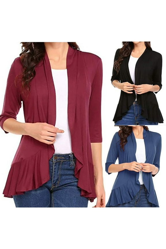 Light Weight Cardigans for Women Ruffle 3/4 Sleeve Open Front Cardigan Sweater Loose Casual Summer Outwear clearance sale prime Navy XXL