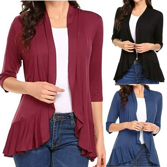 BiZtdJrK Light Weight Cardigans for Women Ruffle 3/4 Sleeve Open Front Cardigan Sweater Loose Casual Summer Outwear on sale clearance items Wine L