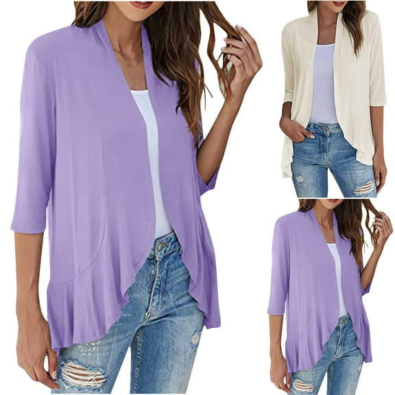 BiZtdJrK Light Wight Cardigan for Women 3/4 Sleeve Ruffles Open Front Cardigans Solid Casual Summer Kimono Purple L