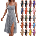 thumbnail image 1 of BiZtdJrK Polka Dot Dress for Women Summer Spaghetti Strap Midi Dresses Slim Fit Side Slit A Line Beach Sundress Vacation Clothes Khaki M, 1 of 10
