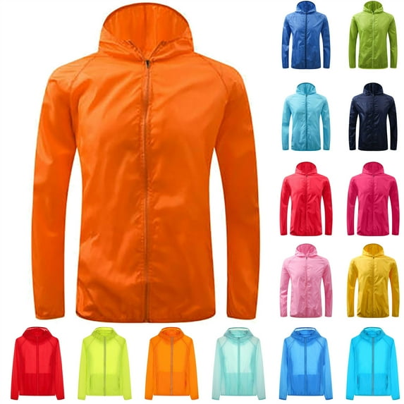 BiZtdJrK Lightning Prime Today! Unisex Rain Jacket Lightweight Hooded Raincoat Waterproof Windbreaker Sun Protection Bicycle Jackets Quick Dry Zip Up Women Men Raincoats with Pockets Orange XL