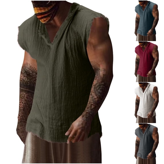 BiZtdJrK Lightning Sales of Today, Mens Raw Edge Cotton Linen Tank Tops Casual V-Neck Gym Fitness Bodybuilding Shirt Workout Muscle Cut Off Sleeveless T Shirts Blue XXXL