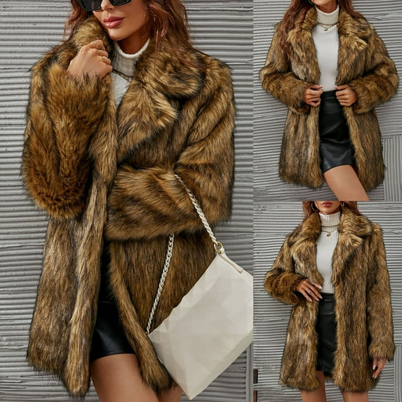 BiZtdJrK Lightning Sales Of Today Prime Faux Fur Coats for Women Long Sleeve Leopard Lapel Jackets 2025 Fall Winter Fluffy Warm Jacket Outwear Brown S