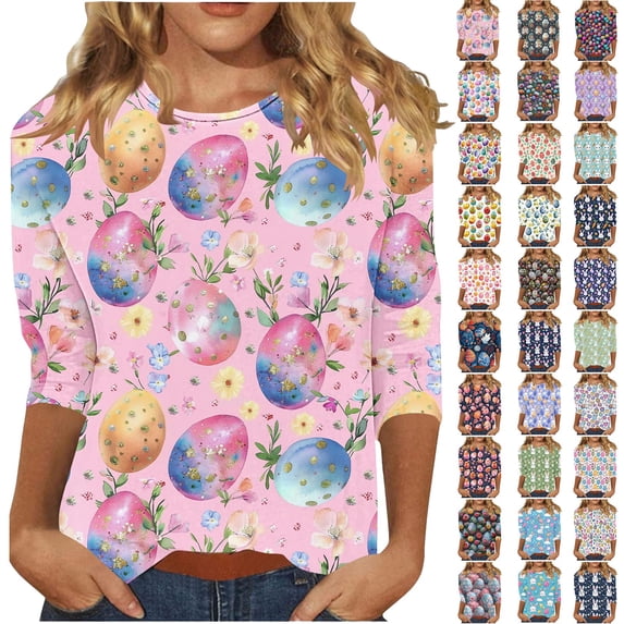 BiZtdJrK Lightning Sales of Today Prime Happy Easter Shirt for Women 3/4 Sleeve Funny Tops Rabbit Graphic Colored Eggs Print Tee Shirts 2025 Cotton Pullover Vacation Outfits Multicolor M