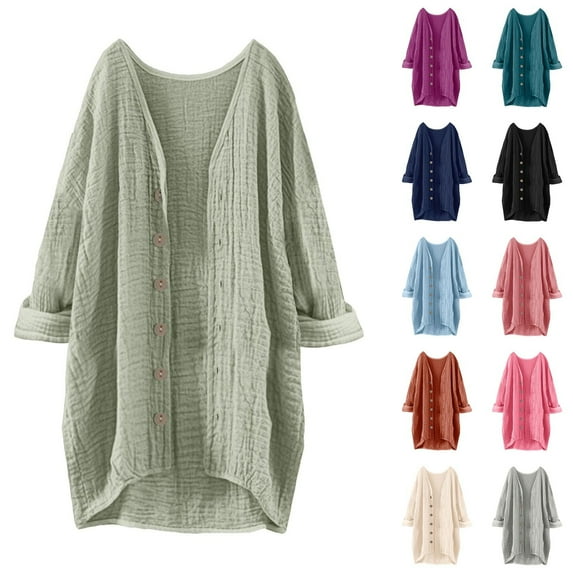 BiZtdJrK Lightweight Cardigans for Women Oversized Bohemian Linen Long Shirts Button Down V Neck Kimono Fall Cover Ups Gray L Winter Savings
