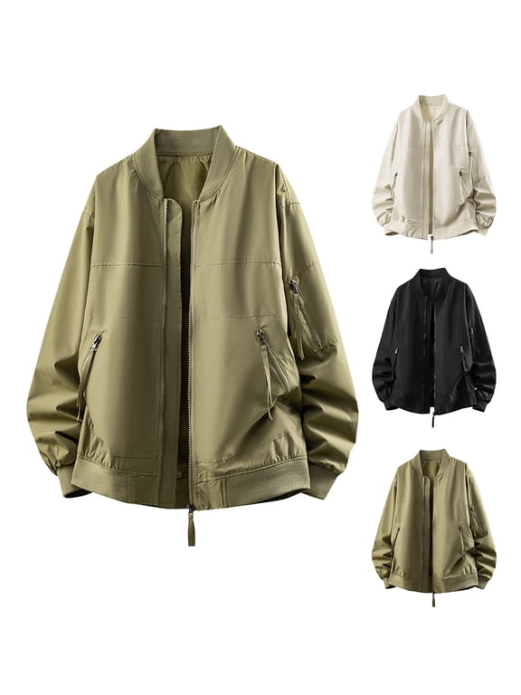 Lightweight Flight Bomber Jackets for Men Baseball Collar Solid Casual Windbreaker Outwear Long Sleeve Zip up Jacket with Zipper Arm Pocket Khaki XXL