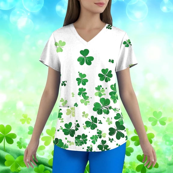 BiZtdJrK Lightweight Scrub Tops Plus Size V Neck Short Sleeve Medical Nursing Uniform Comfy Stretch Workwear Scrubs with Pockets St Patricks Day Gifts Green S