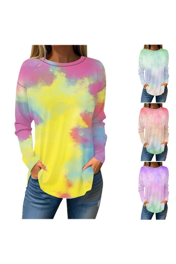 Limited Time Sale Women's Casual Long Sleeve Shirts Crew Neck Hem Loose T-Shirts Tie Dye Prints Tunic Tops Going Out Clothes Streetwear Yellow L