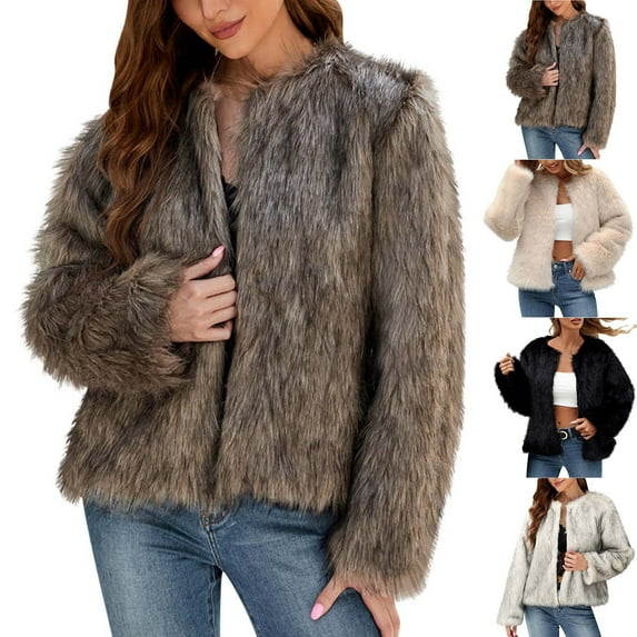 BiZtdJrK Limited Time Sales Of The Day Faux Fur Coats for Women Laple Neck Cropped Winter Warm Outwear Long Sleeve Open Front Casual Teddy Jacket Gray M