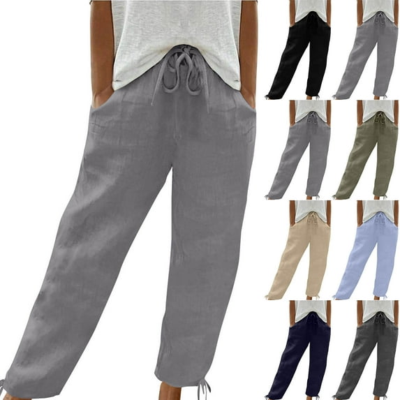 BiZtdJrK Linen Capris for Women Summer High Waisted Sweatpants Outdoor Casual Cropped Trousers Solid Drawstring Ankle Cuffs Capri Pants with Pockets Best Sales Today Beige XL