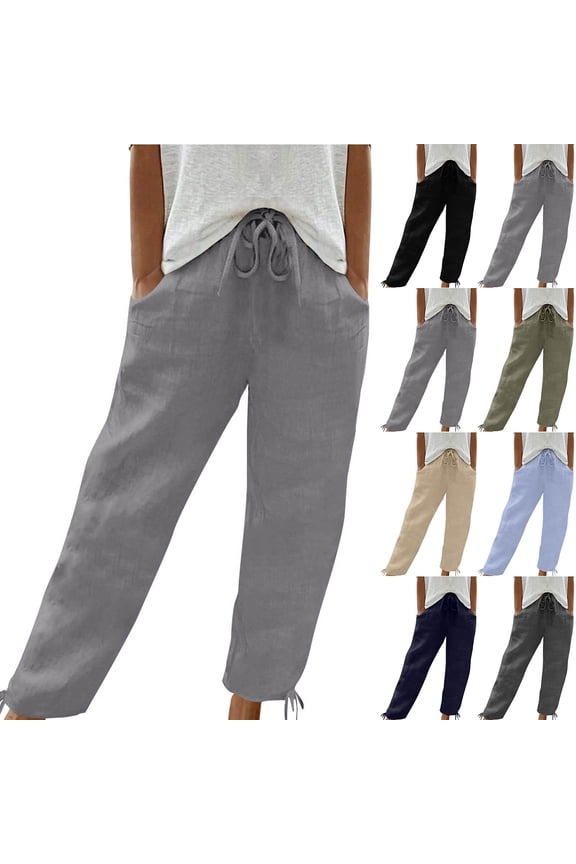 Linen Capris for Women Summer High Waisted Sweatpants Outdoor Casual Cropped Trousers Solid Drawstring Ankle Cuffs Capri Pants with Pockets Best Sales Today Beige XL