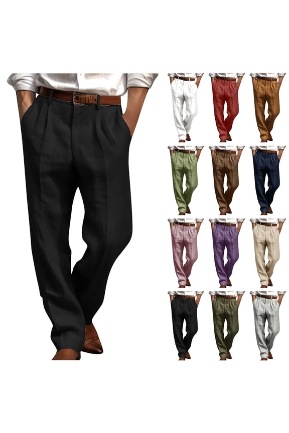 BiZtdJrK Linen Pants Men Straight Leg Pleated Dress Pants Suit Trousers Solid Office Work Loose Fit Trousers, Coffee, XXL